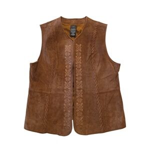 Outbrook Womens L Leather Vest Brown Embroidered Boho Western 12/14 Whipstitch